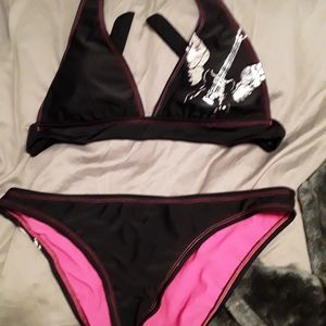 Hot pink lined swimsuit bikini with silver embelli